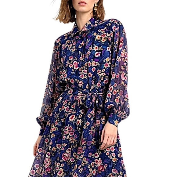 Vintage Dresses & Skirts - Vintage 80s blue floral chiffon sheer blouson belted long sleeve midi dress